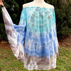 Surf Gypsy Blue Spell Tie Dye Dress Size S Mini Bell Sleeves Crochet Boho Beach